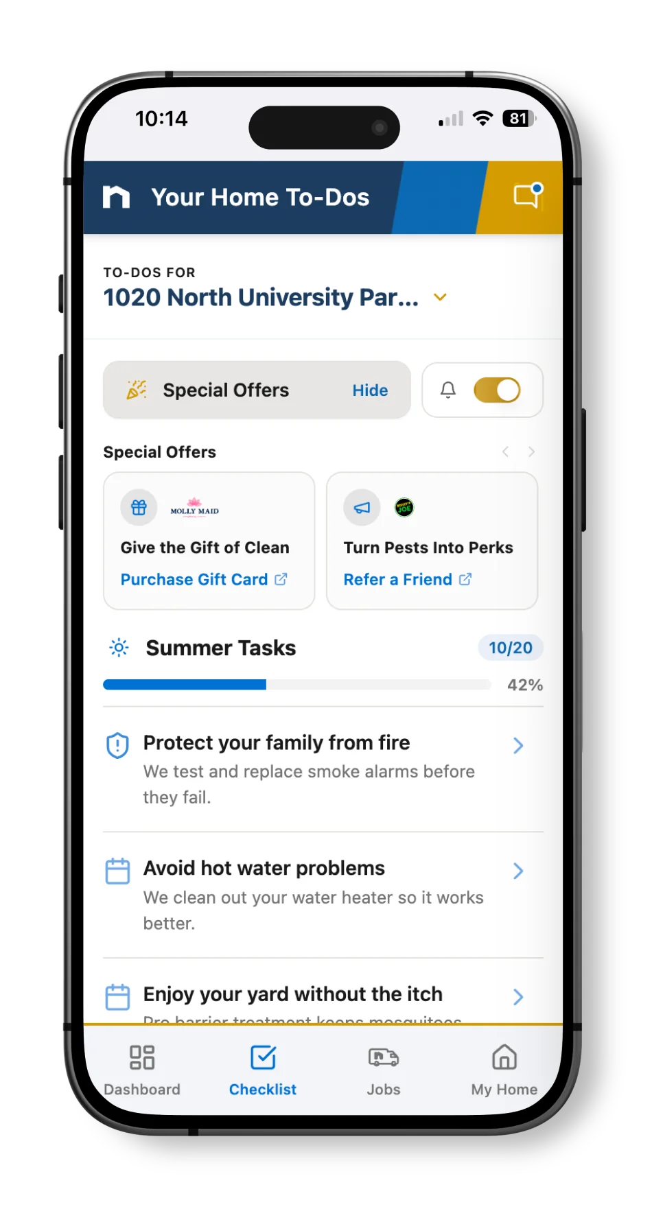 Neighborly App home to-dos and special offers displayed on smartphone screen.
