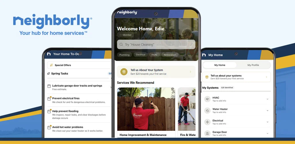 Three phones with different Neighborly app screens.