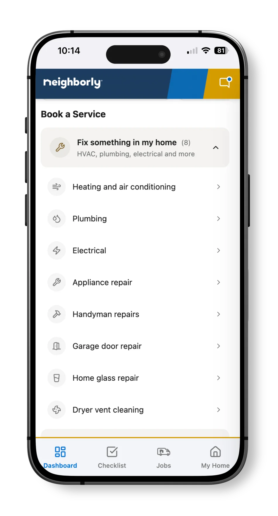 Neighborly App book services search screen displayed on smartphone.