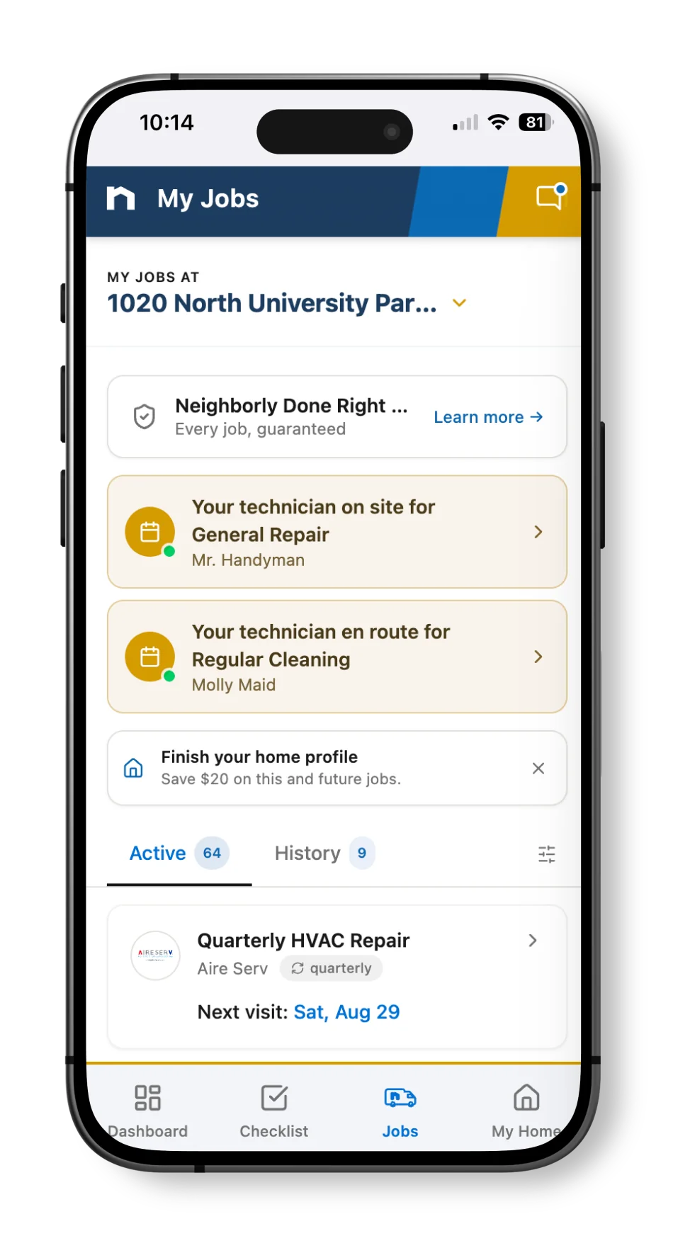 Neighborly App my job progress displayed on smartphone screen.