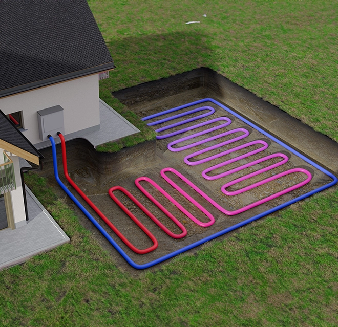 A rendering of a geothermal heating and cooling system.