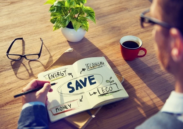 Man looking at a diagram in a notebook that highlights energy savings