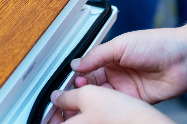 Person applying weather stripping to a window frame