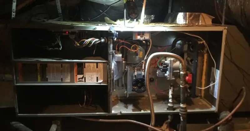 A furnace with one side removed and the internal parts visible for the purpose of a furnace tune up.