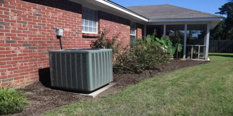 Green AC unit outside of brick house.