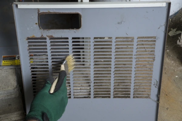 Technician cleaning front cover a furnace before reinstalling